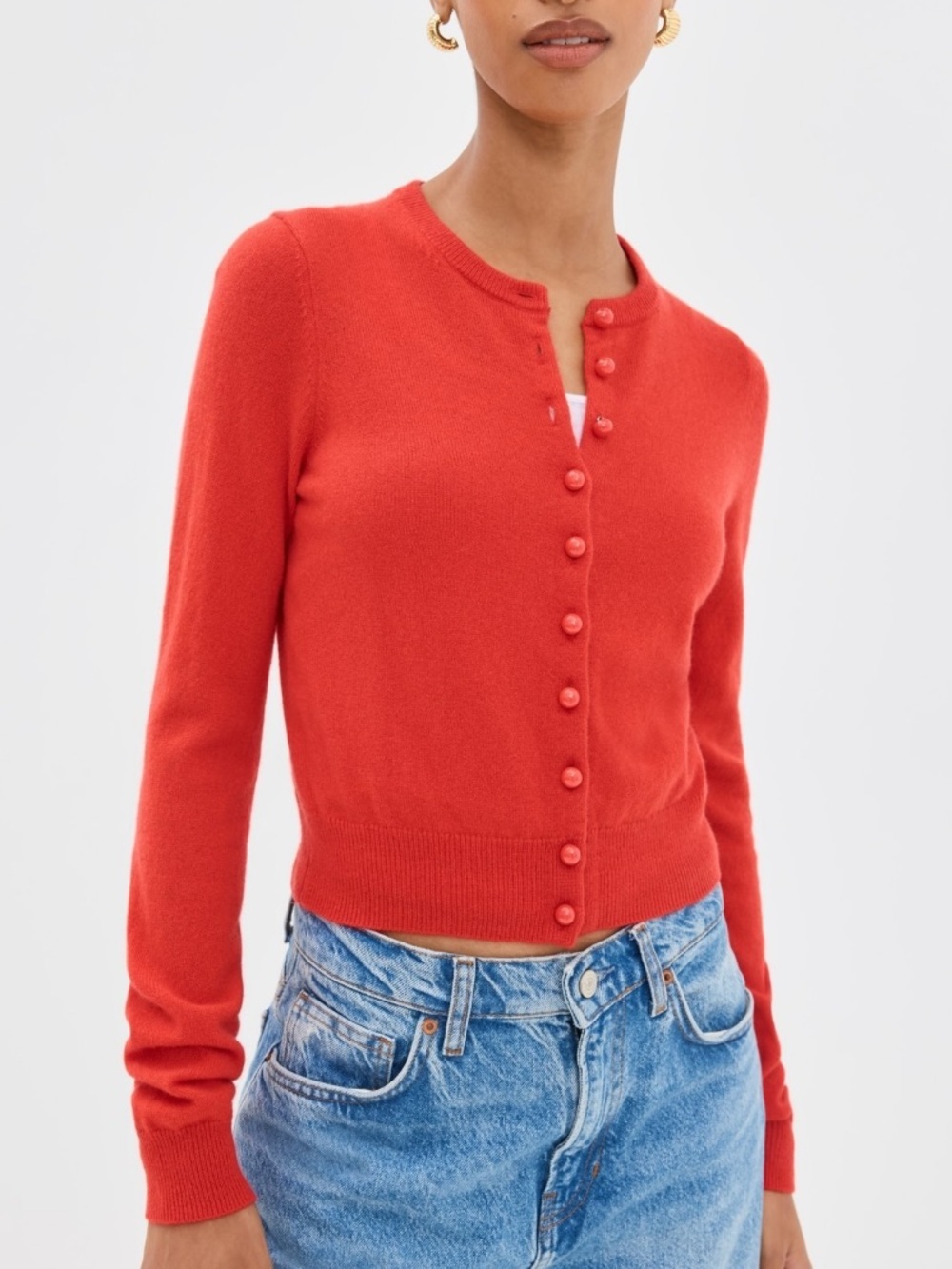 Reformation Caspia Cashmere Wool Button Cropped Cardigan Sweater Top Paprika Red